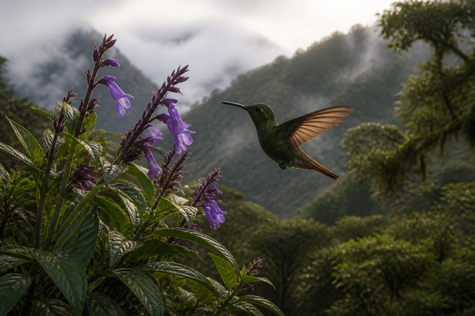 Un colibrí en vuelo suspendido junto a flores moradas en un bosque de niebla andino, con montañas cubiertas de neblina al fondo