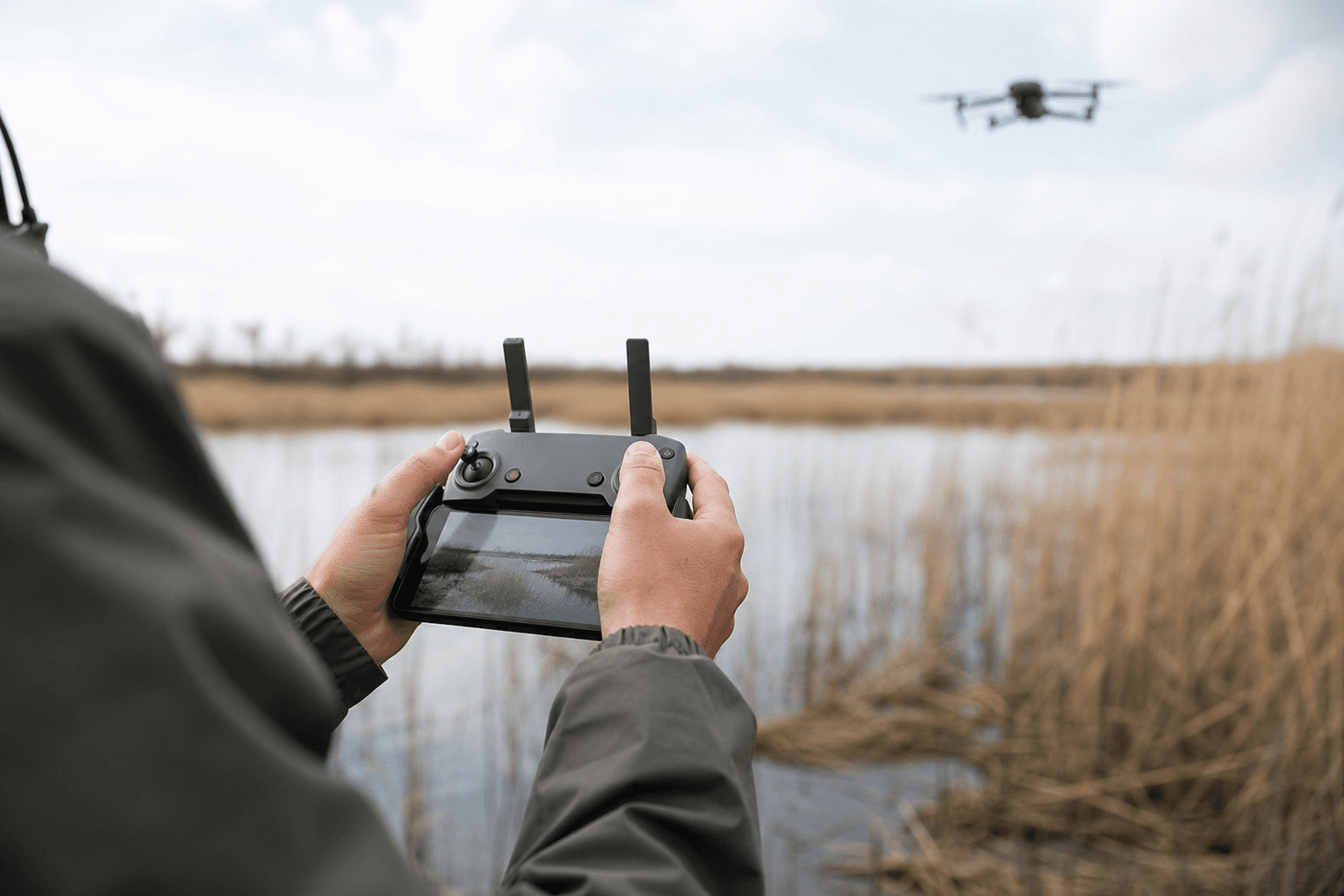 Manos de un técnico de campo sujetando el control remoto de un dron al borde de un humedal con juncos
