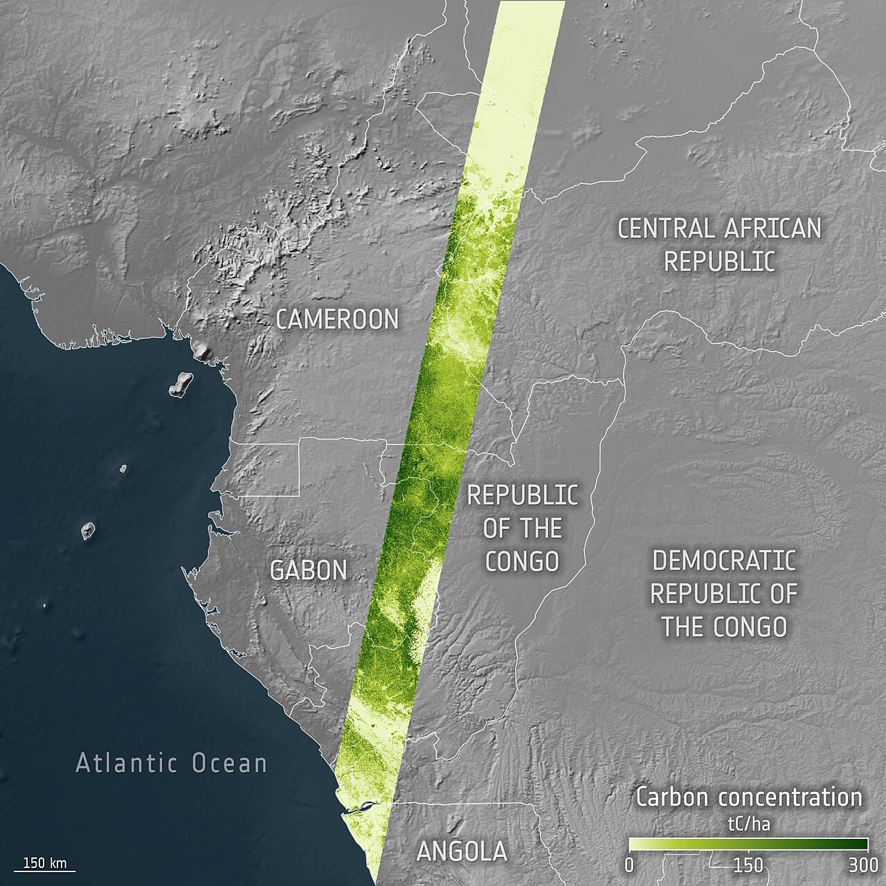 Mapa de África central con una franja de datos de Biomass que muestra la concentración de carbono forestal entre Angola y Chad