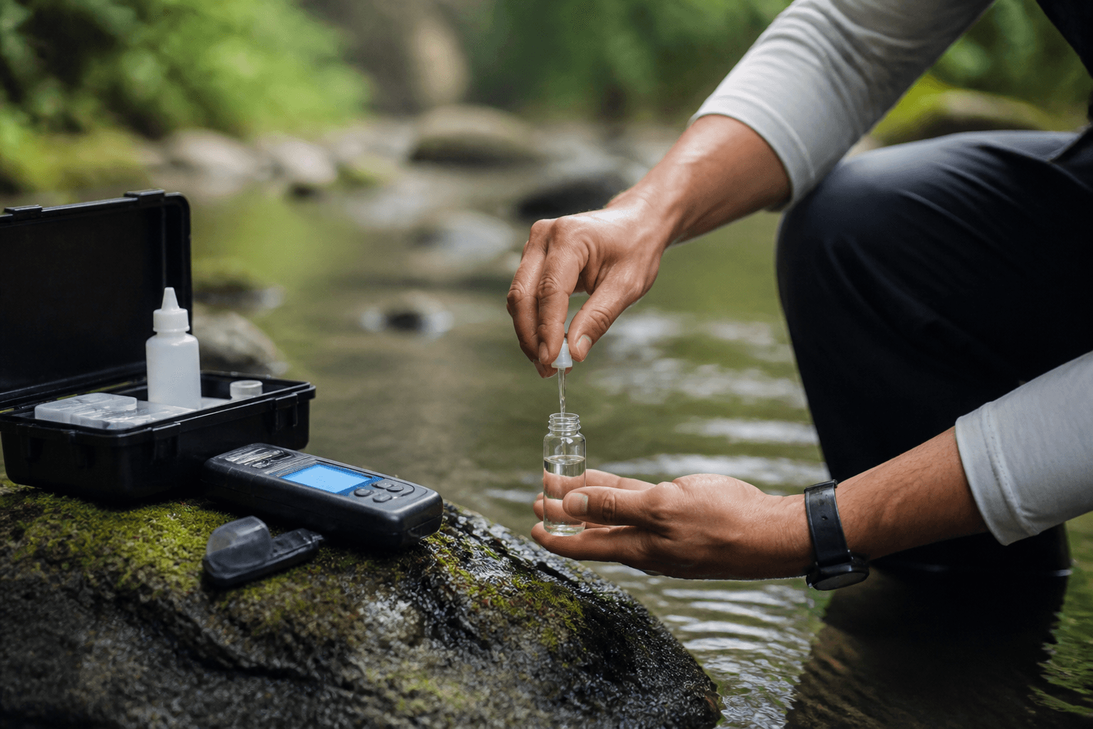 Una persona toma una muestra de agua de un río con un gotero y la deposita en un pequeño vial junto a un kit de campo