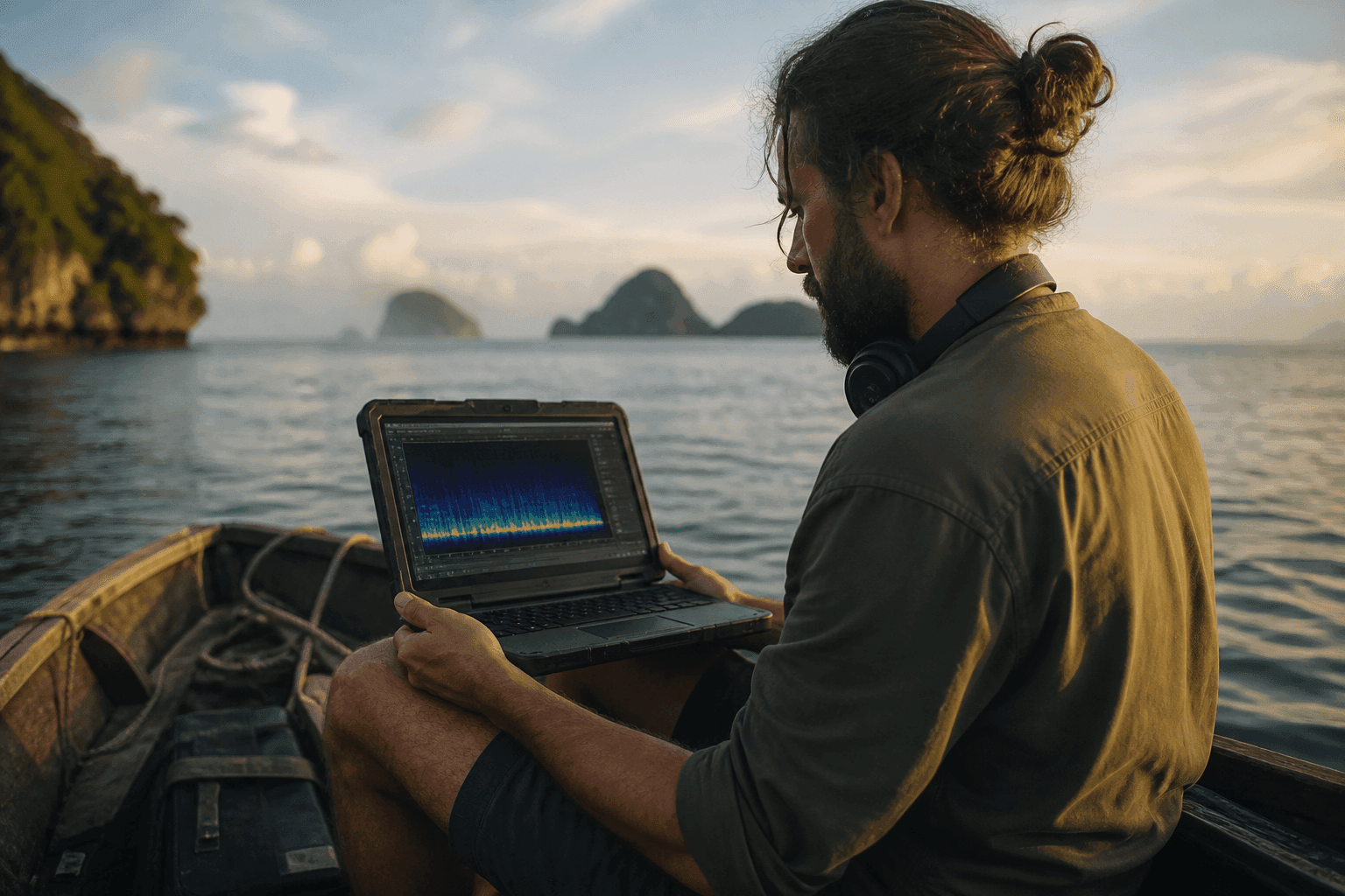 Un investigador sentado en una lancha de madera sobre un mar en calma al atardecer, con audífonos al cuello y un computador portátil robusto que muestra un espectrograma de audio