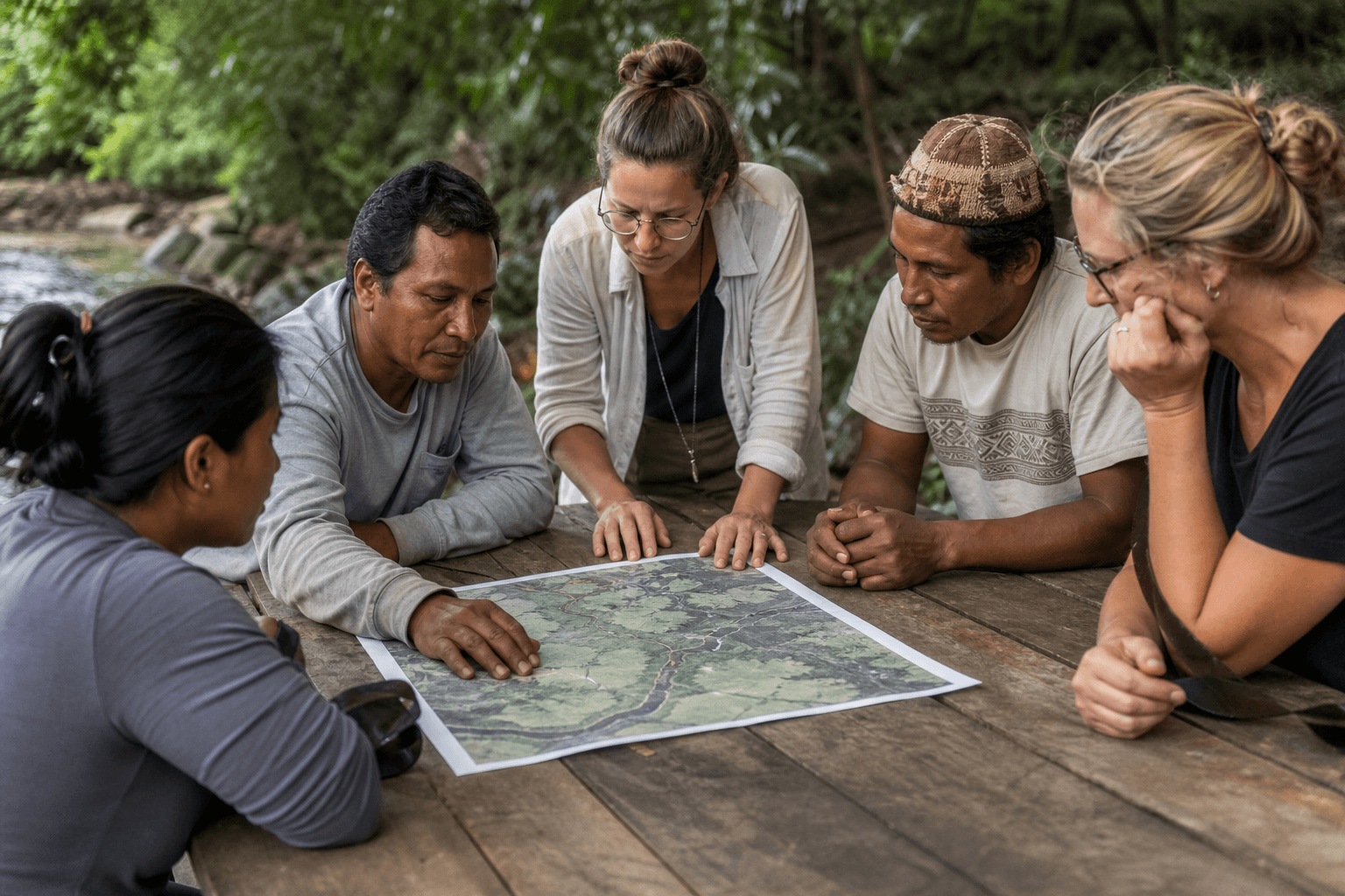 Comunidades y investigadores revisando juntos un mapa impreso sobre una mesa de madera al aire libre, junto al borde de un bosque tropical