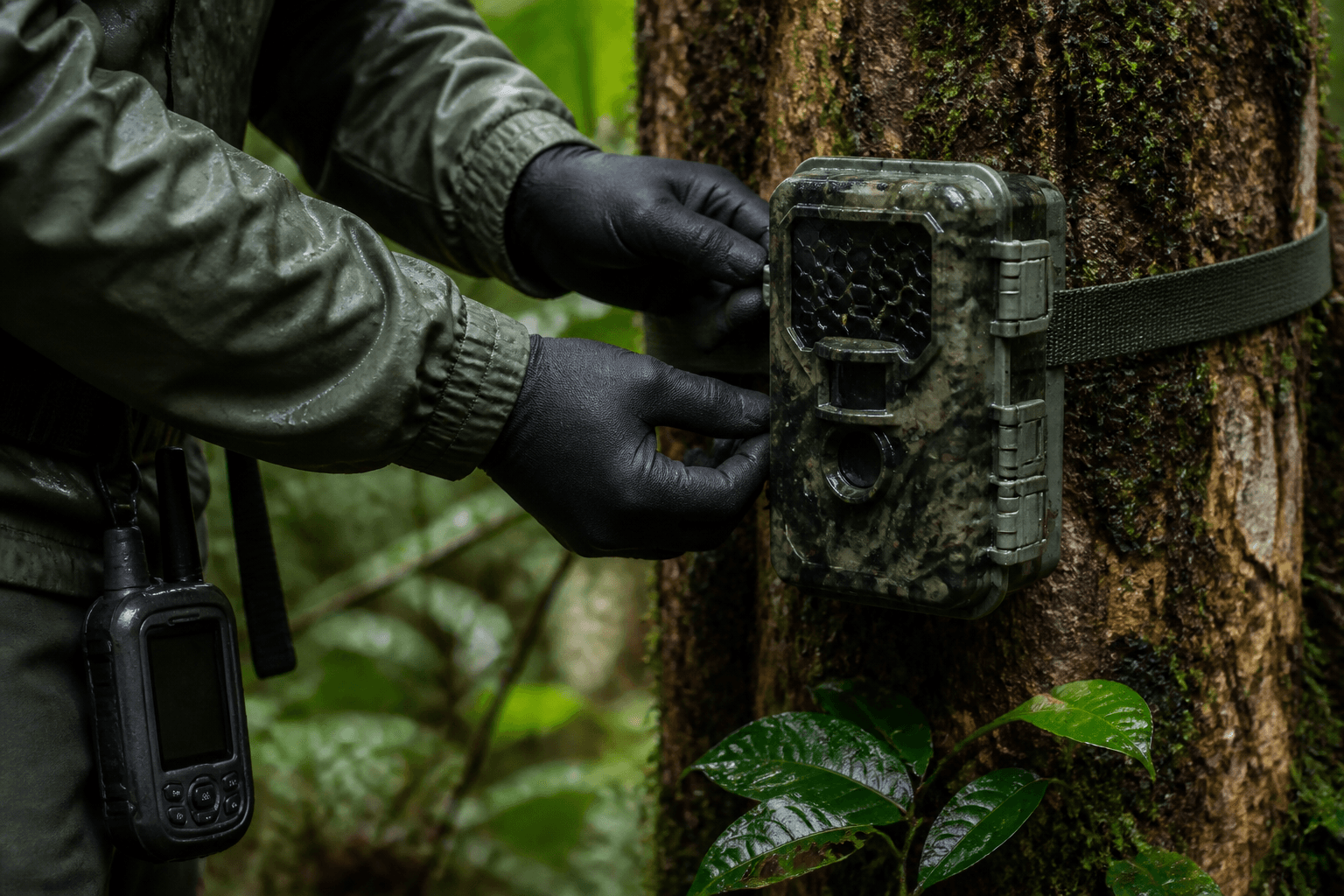 Manos con guantes ajustando una cámara trampa a un tronco en un bosque tropical húmedo, con un GPS colgando del cinturón