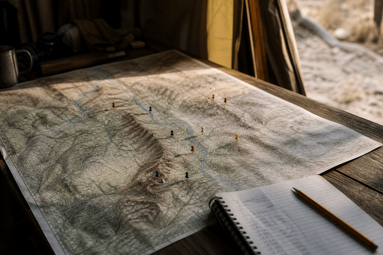 Un mapa topográfico impreso sobre una mesa de campo con chinches de colores marcando sitios de muestreo junto a un río y una cresta, con un cuaderno y un lápiz al lado