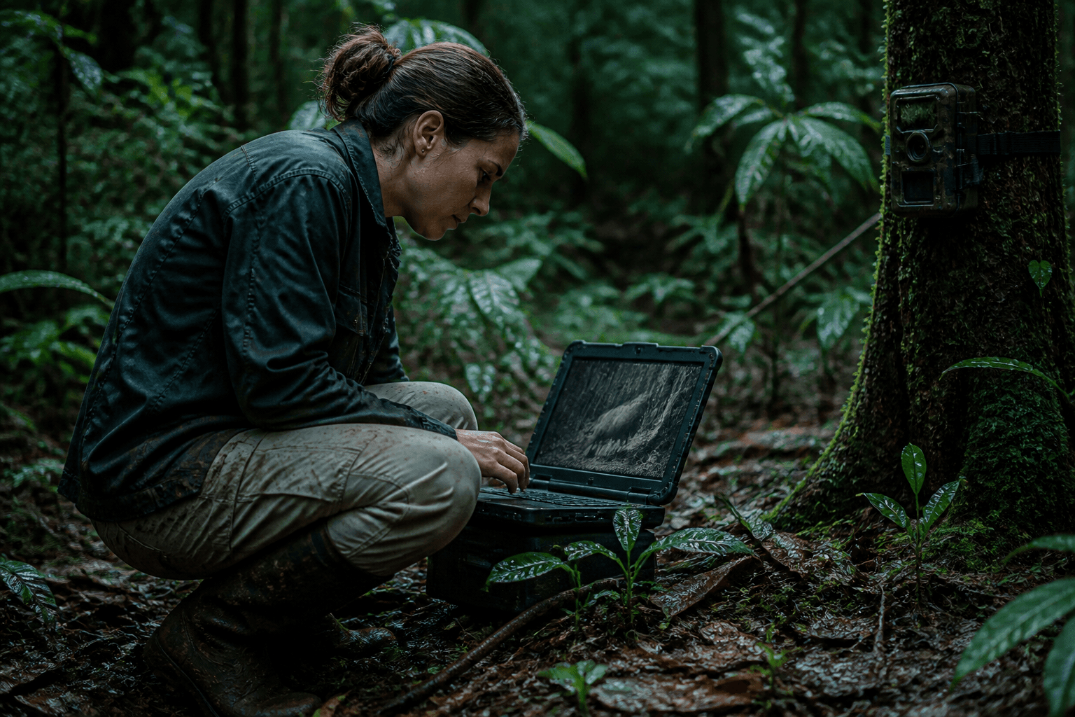 Investigadora agachada en un bosque húmedo tropical revisando videos de cámara trampa en un portátil robusto