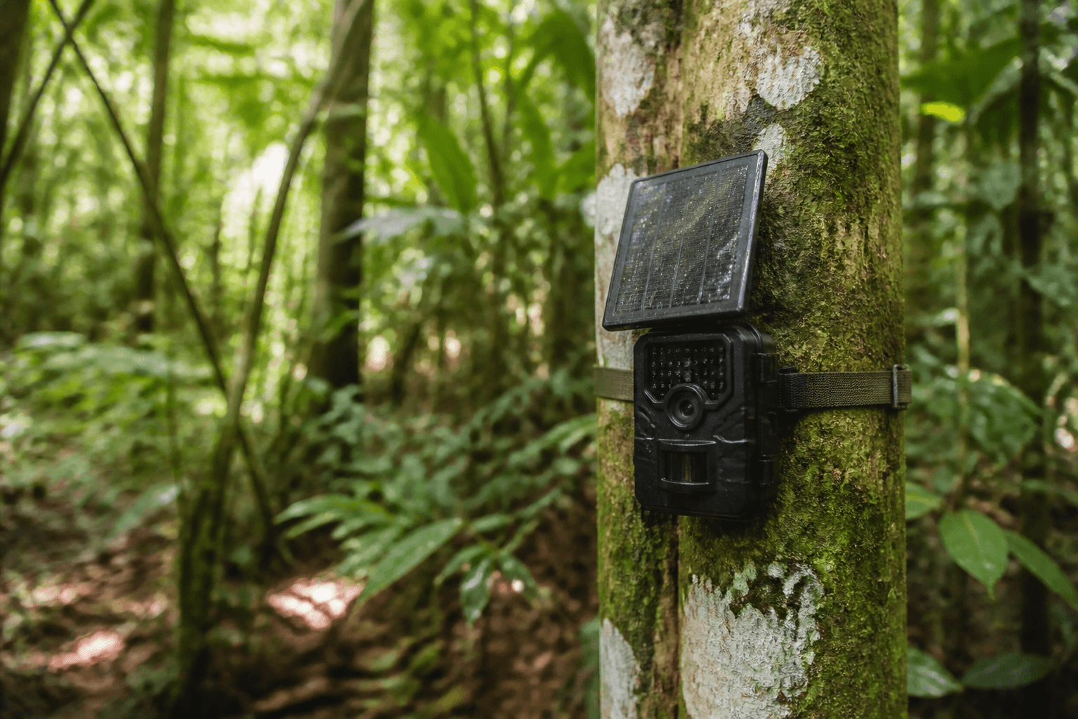 Cámara trampa con panel solar instalada en el tronco de un árbol dentro de un bosque tropical denso