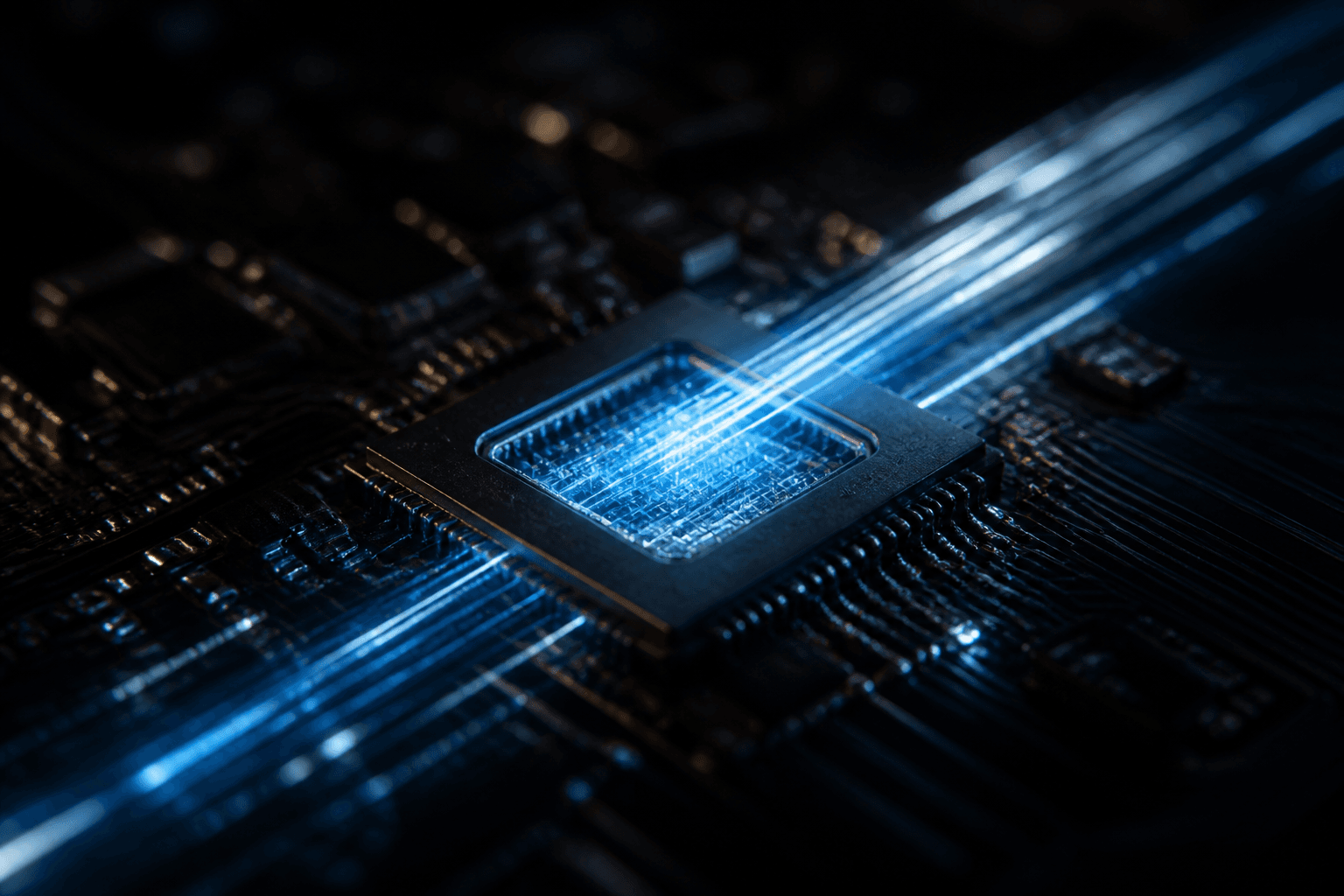 Primer plano de un microchip electrónico con haces de luz azul atravesándolo sobre un circuito impreso