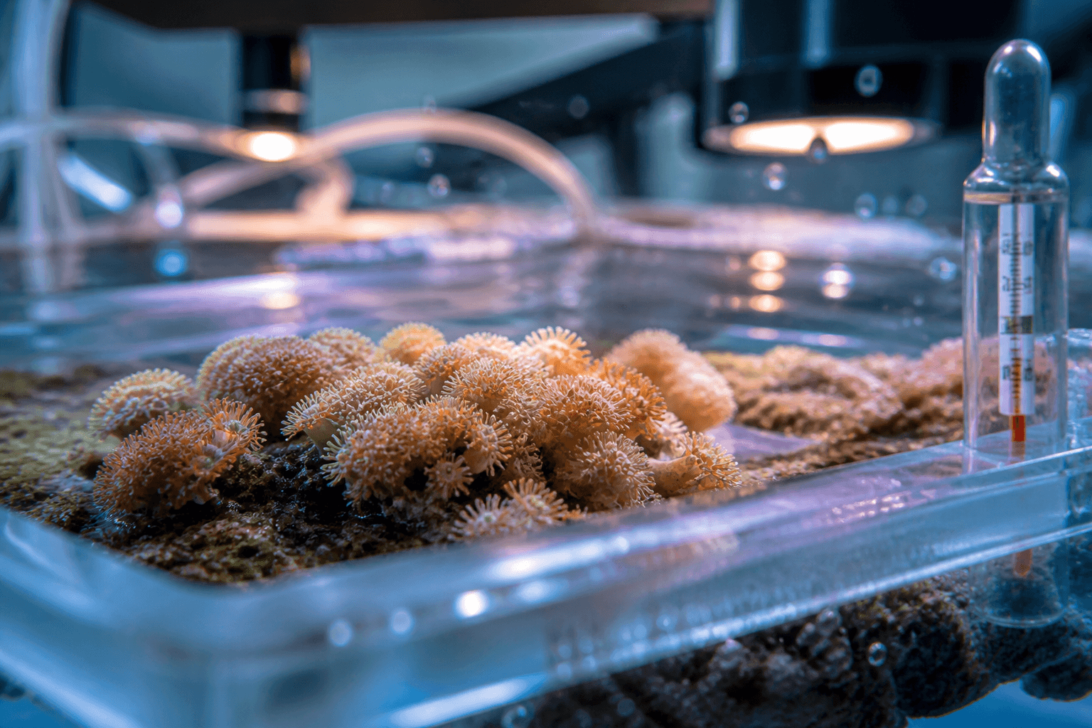 Fragmentos de coral en un acuario de laboratorio bajo lámparas de calor, con termómetro visible