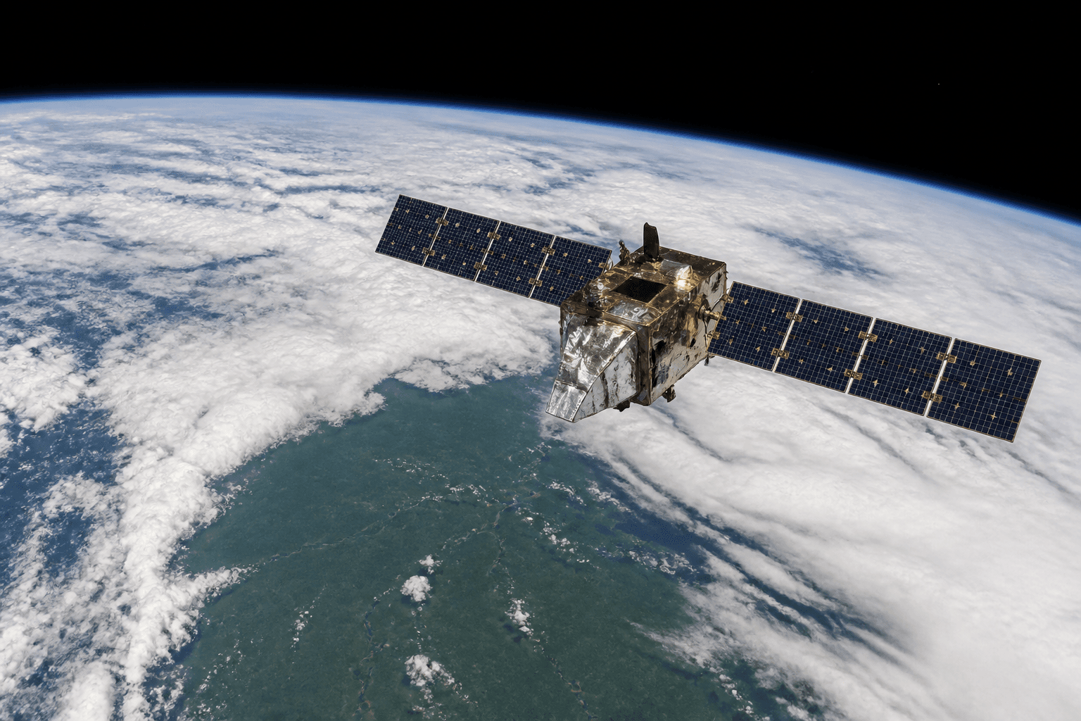 Recreación de un satélite de observación terrestre orbitando sobre un bosque tropical cubierto de nubes