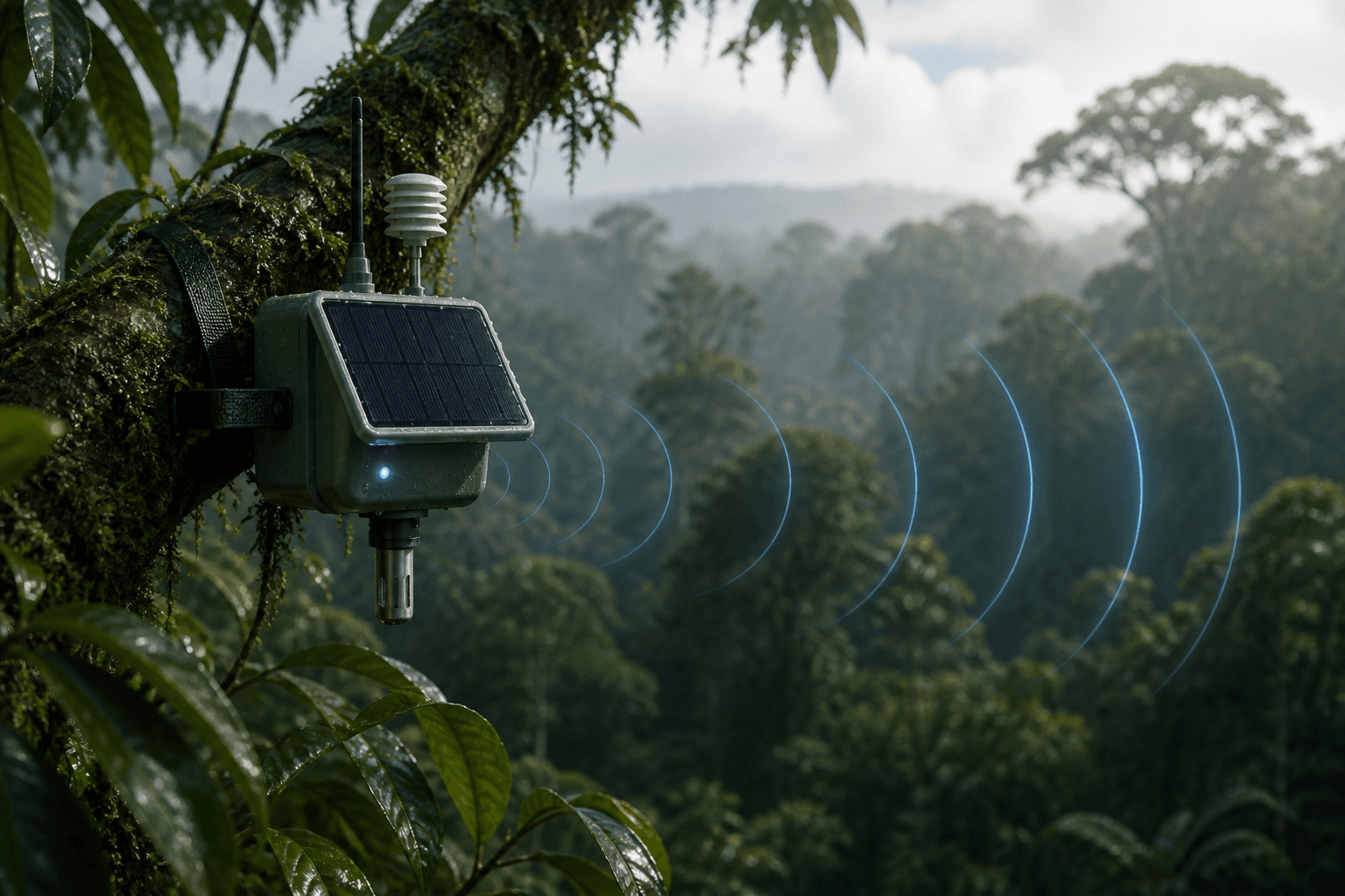 Ilustración conceptual de un sensor ambiental autónomo alimentado por energía solar transmitiendo datos dentro de un bosque