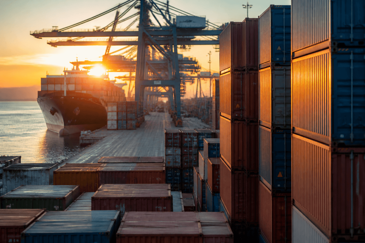 Pilas de contenedores de carga en un puerto al amanecer, con una grúa pórtico y un buque portacontenedores al fondo