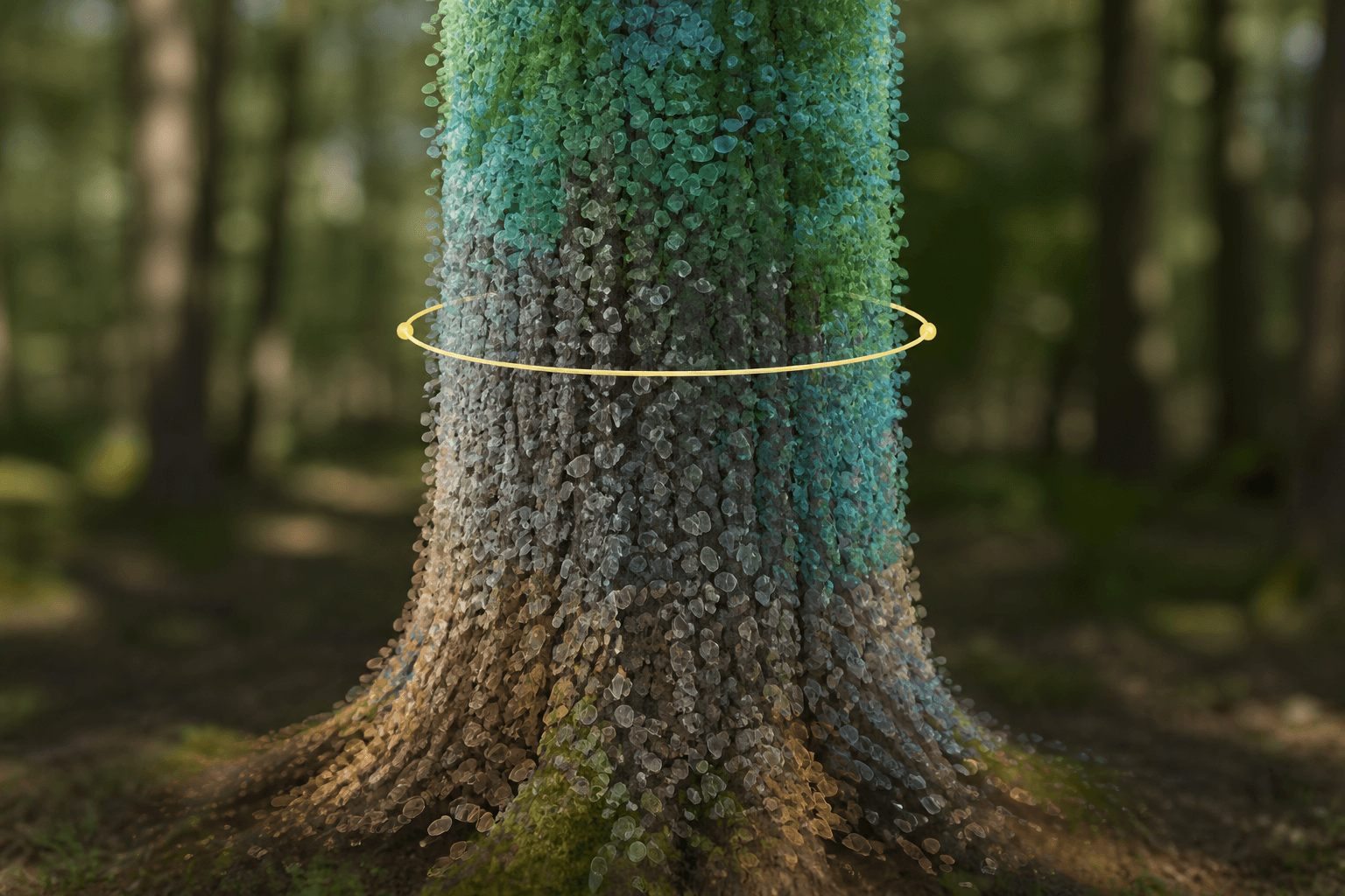 Visualización conceptual de un tronco de árbol reconstruido como nube de puntos gaussianos con un anillo de medición