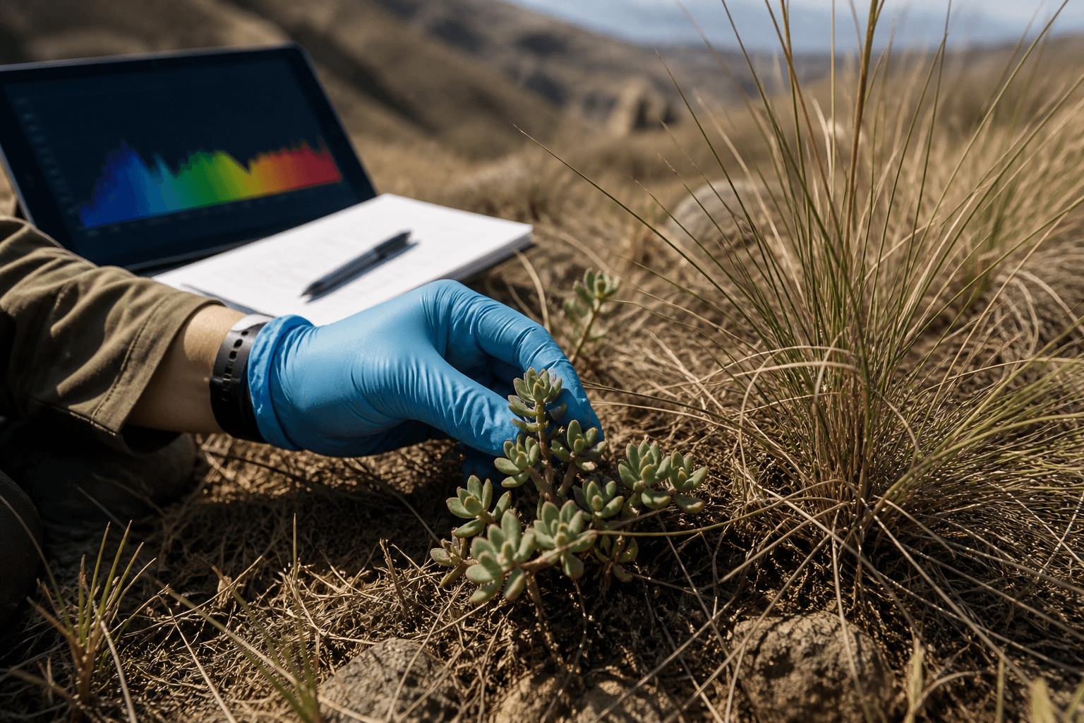 Mano con guante sosteniendo una planta suculenta de hojas carnosas junto a macollas de pasto nativo sobre una ladera seca, con una tableta que muestra una curva espectral al fondo