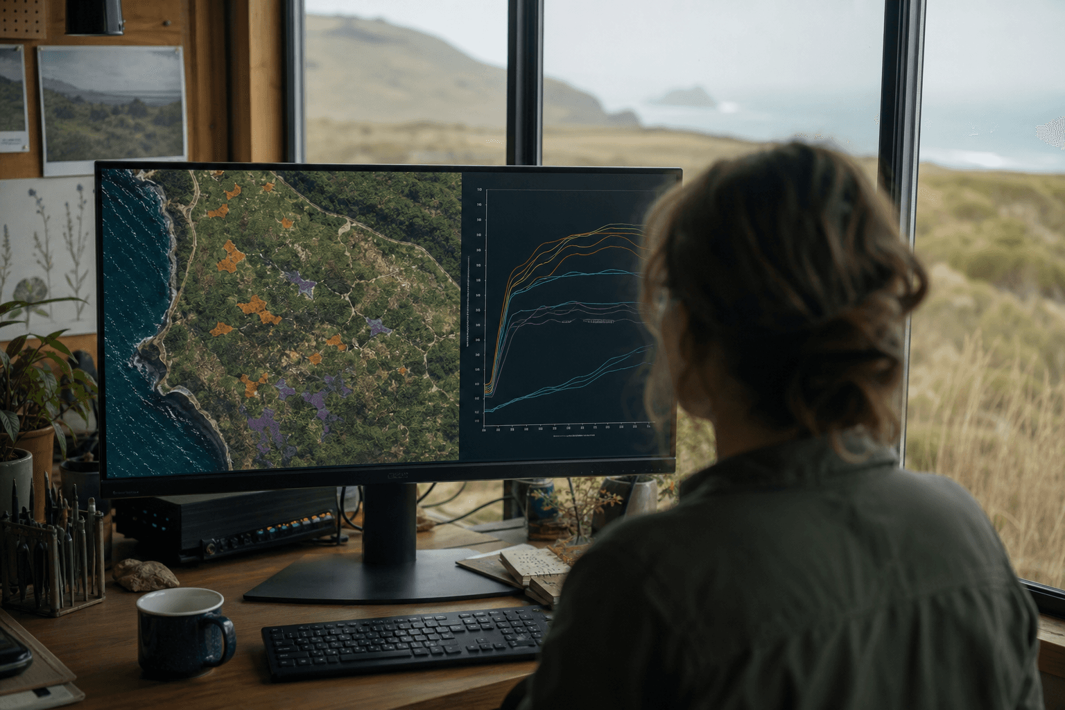 Ecóloga frente a un monitor que muestra un mapa aéreo de colinas costeras con manchas resaltadas y un gráfico de curvas espectrales