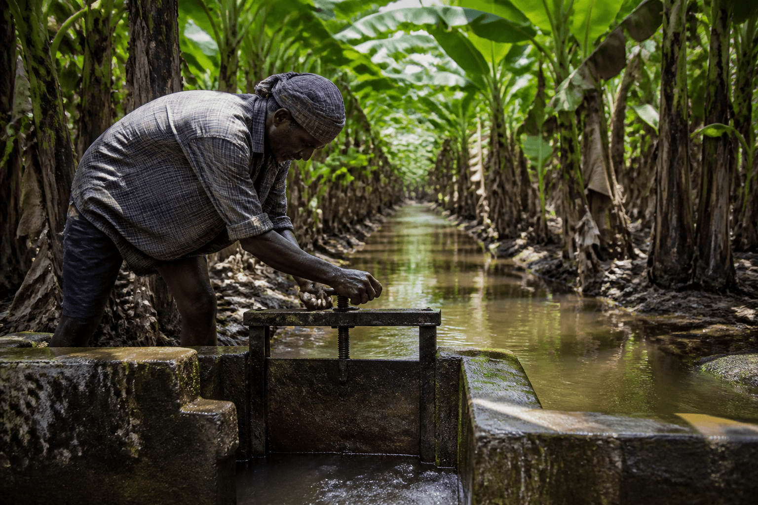 Campesino abriendo la compuerta de un canal de riego entre hileras de bananos