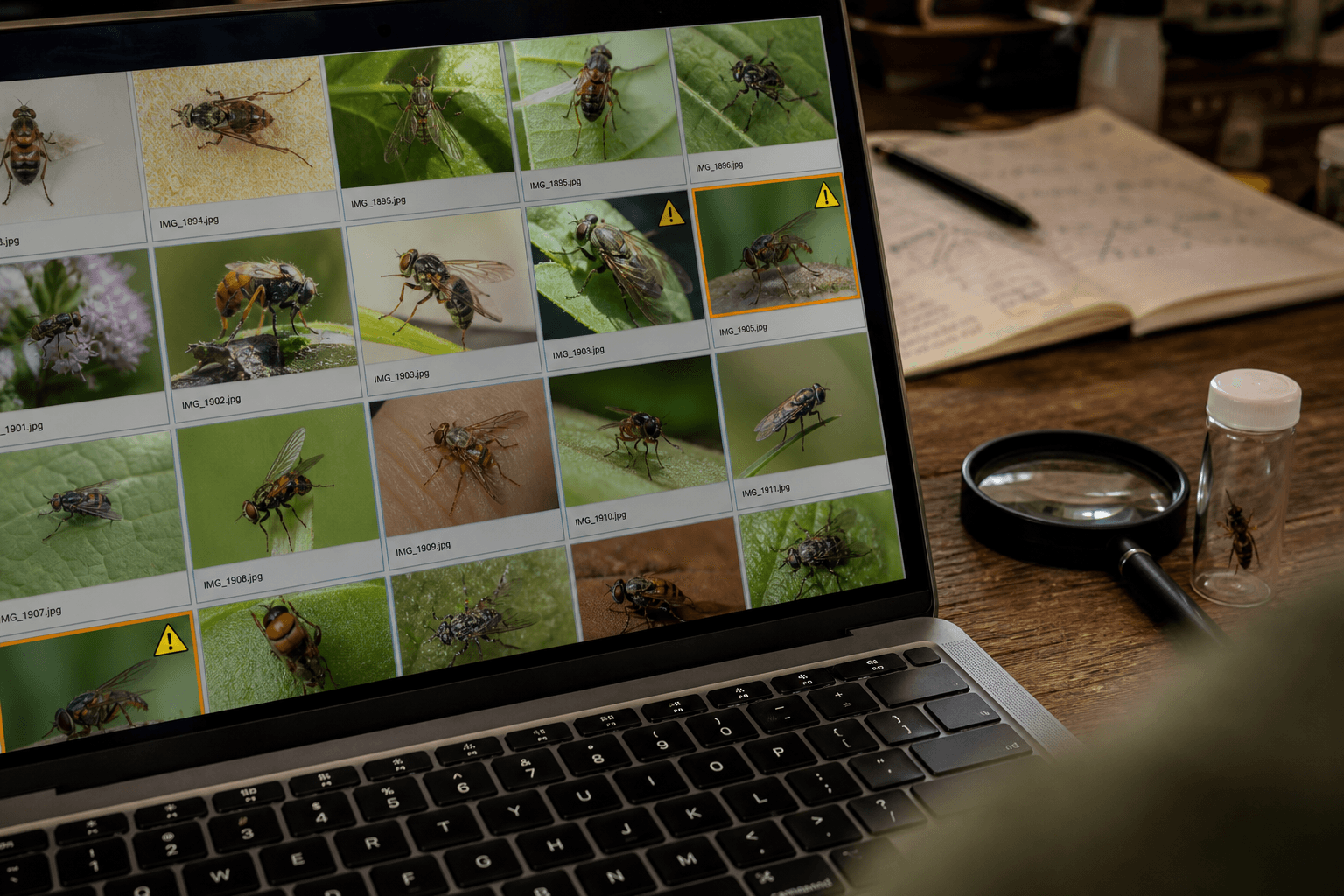 Pantalla de computador mostrando una cuadrícula de fotografías de insectos, con algunas imágenes resaltadas como inciertas junto a una lupa y un vial con un espécimen
