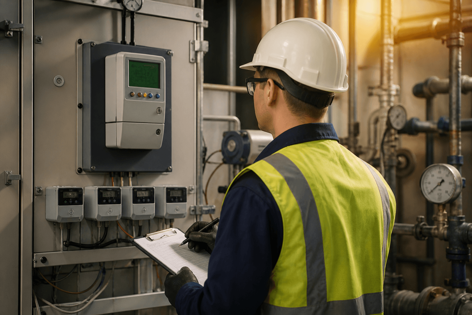 Un técnico lee los valores de un panel de medidores de energía en el cuarto de servicios de una planta industrial