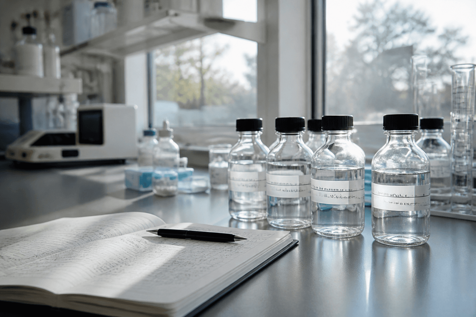 Mesón de laboratorio con frascos de muestras de agua rotulados y una libreta con mediciones escritas a mano