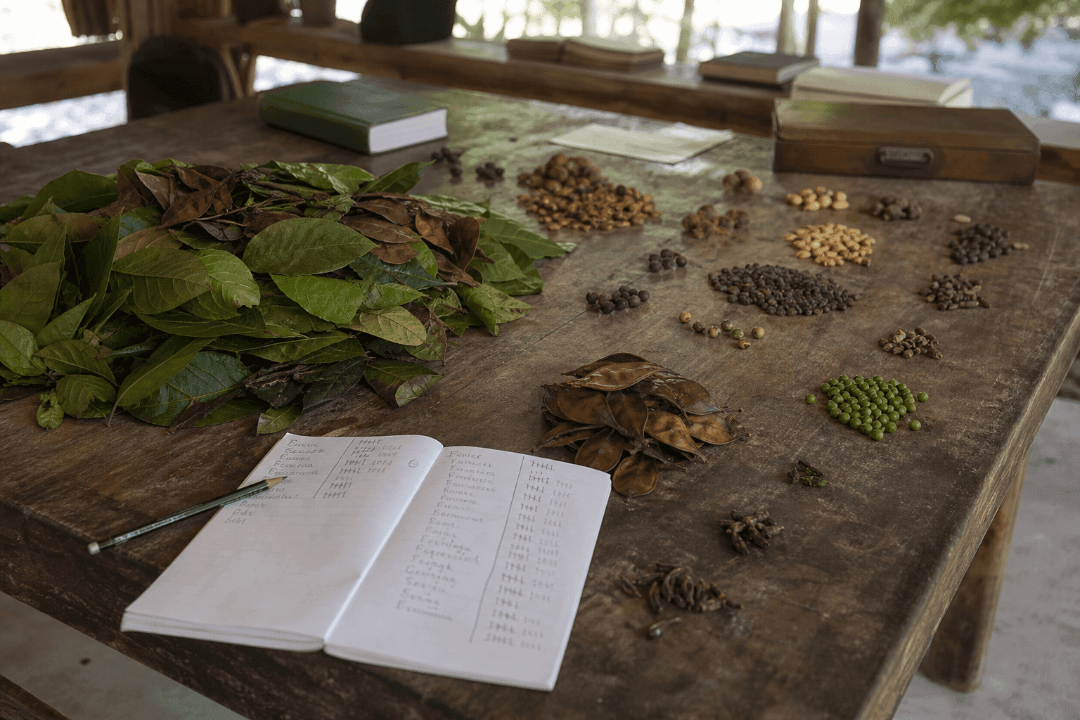 Mesa de campo con hojas y semillas de distintas especies separadas en montones y una libreta con conteos
