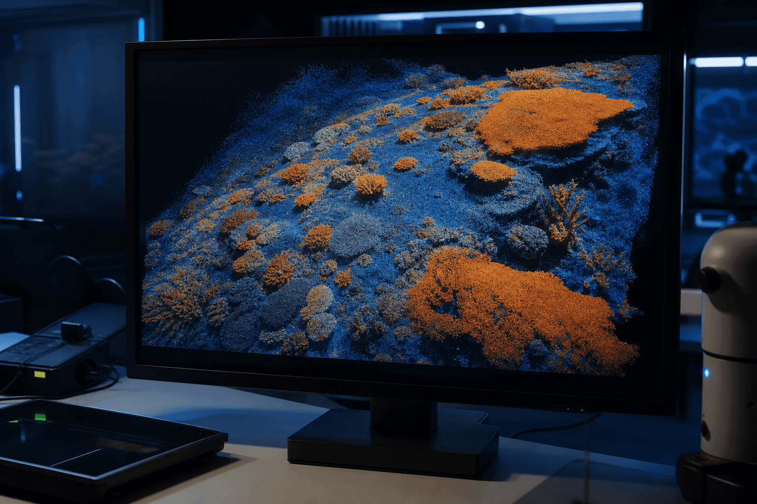 Visualización de un mapa 3D de un arrecife de coral con segmentación semántica por colores
