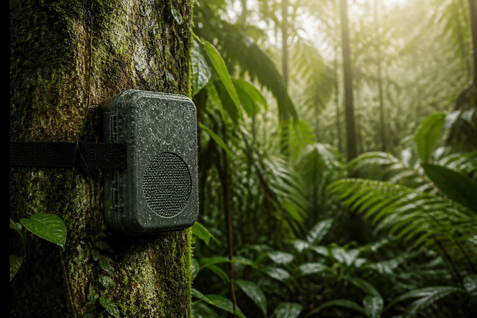 Grabadora acústica de campo instalada en el tronco de un árbol dentro de un bosque tropical con niebla