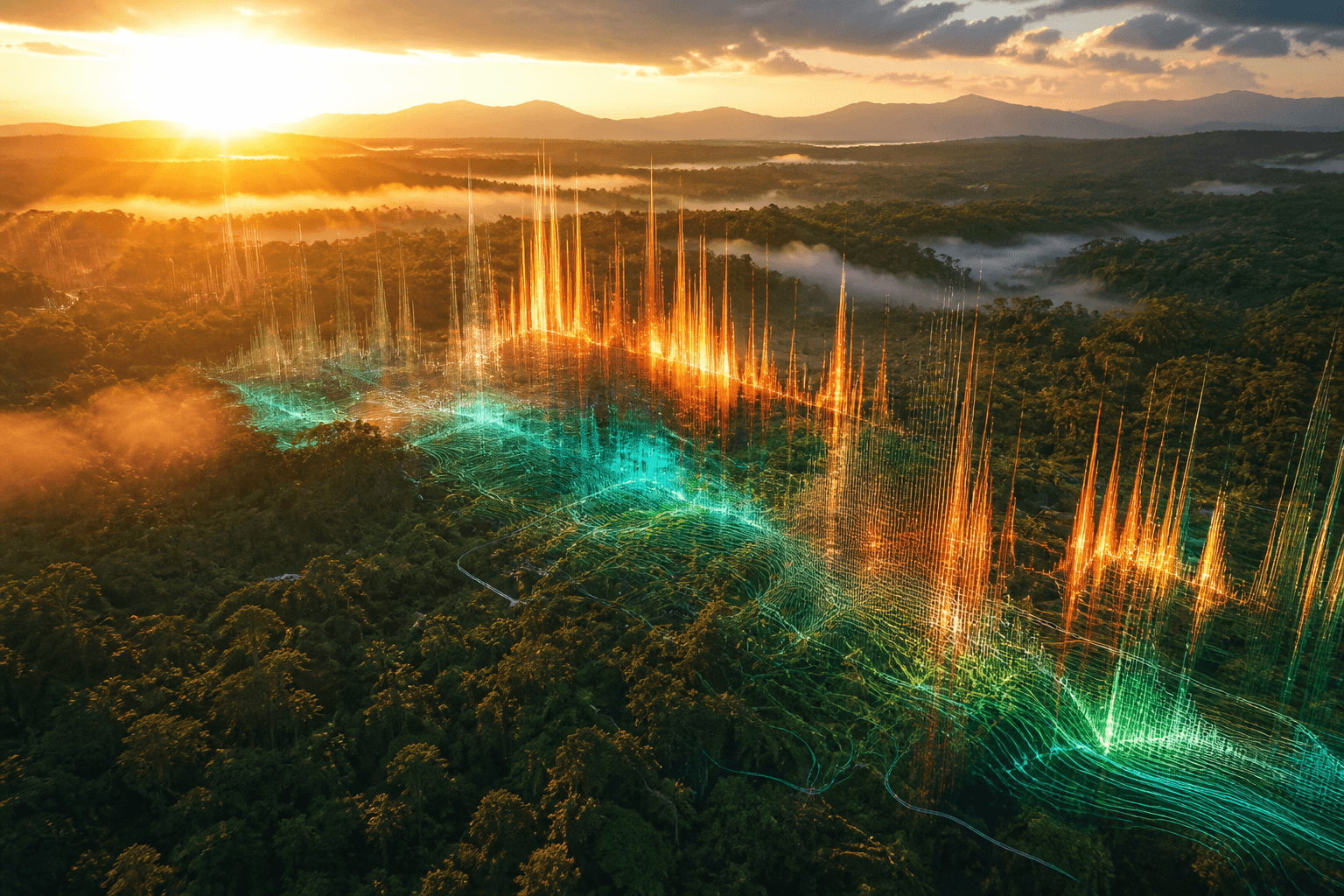 Visualización de un espectrograma de audio superpuesto sobre el dosel de un bosque tropical al amanecer