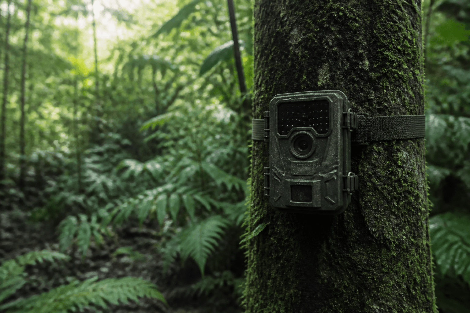 Cámara trampa asegurada a un tronco en un bosque tropical húmedo con musgos y helechos