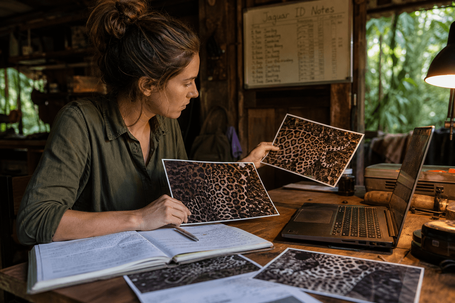 Bióloga en una estación de investigación en la selva comparando fotografías impresas de patrones de manchas junto a un portátil