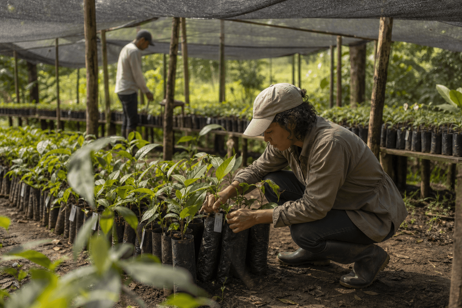Una mujer agachada rotula plántulas en bolsas negras dentro de un vivero con malla de sombra, con filas de plantas al fondo