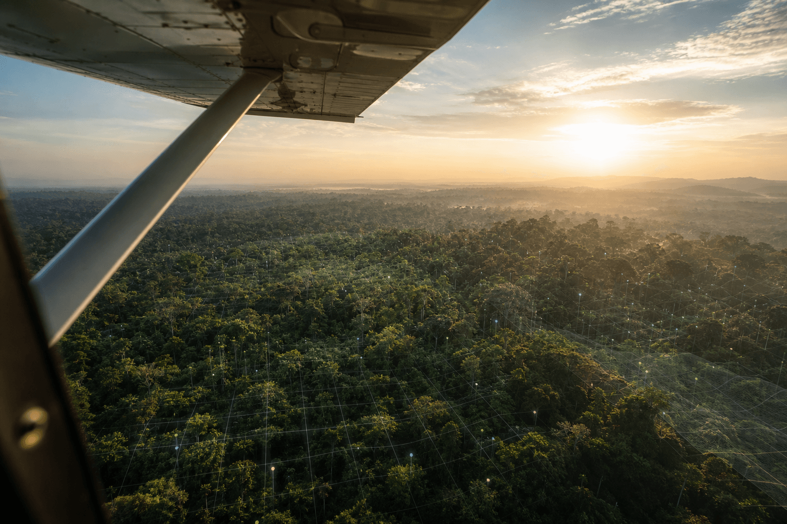 Vista aérea del dosel de un bosque tropical al amanecer, con una sutil cuadrícula de datos superpuesta sugiriendo análisis de teledetección