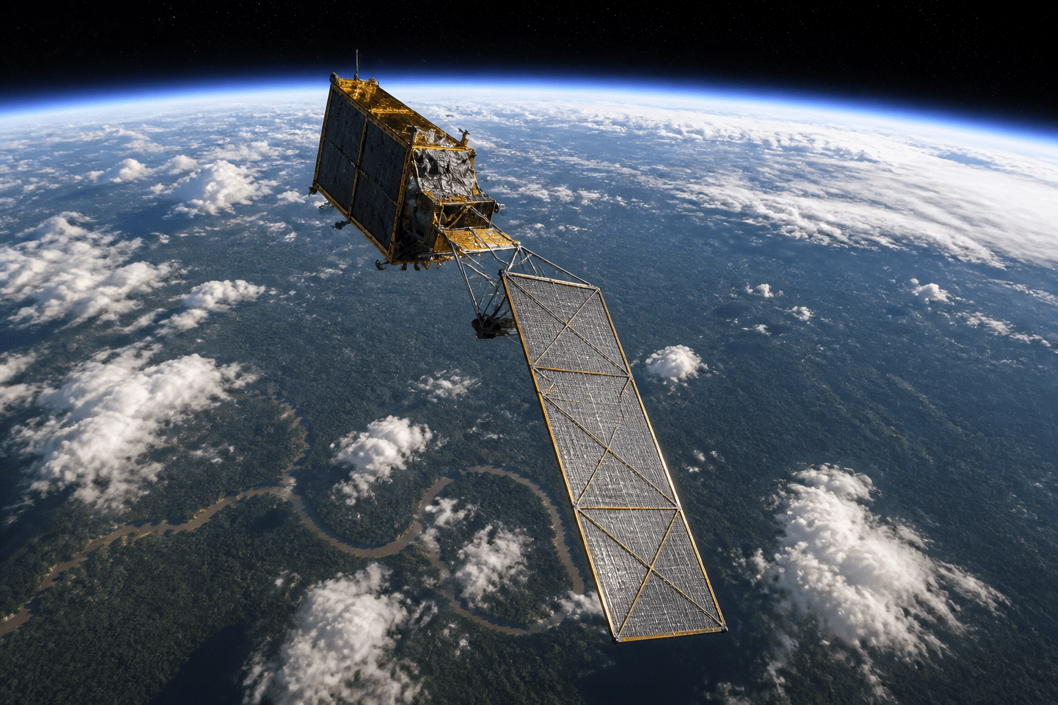 Un satélite de radar con una gran antena rectangular en órbita sobre un bosque tropical con nubes dispersas y un río sinuoso