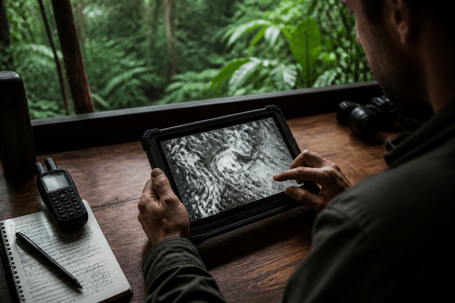 Las manos de una persona sobre una tableta robusta que muestra una imagen de radar en escala de grises, junto a un GPS de mano y un cuaderno, con selva al fondo