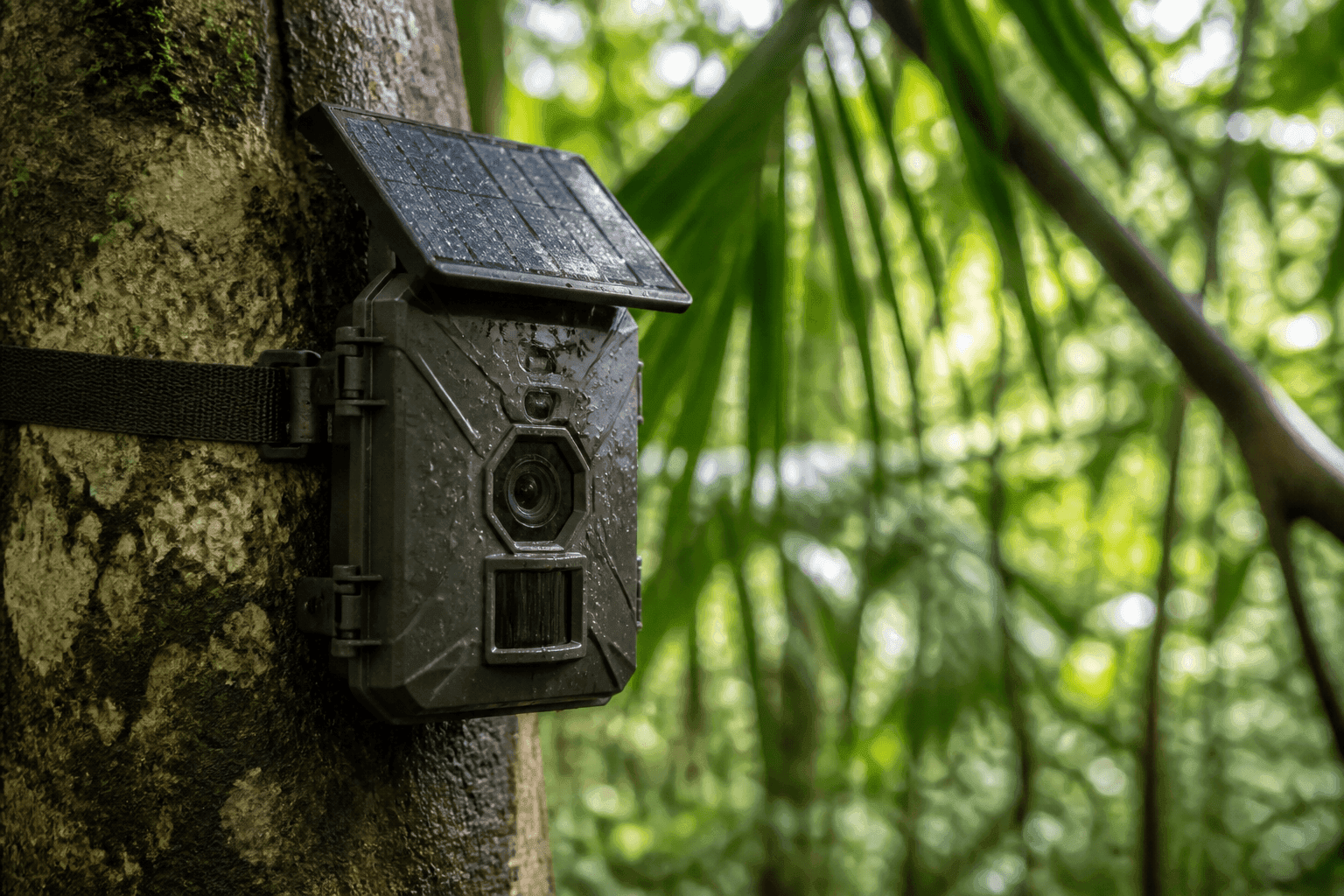 Nodo de monitoreo solar con cámaras y antena satelital instalado en el dosel de un bosque tropical