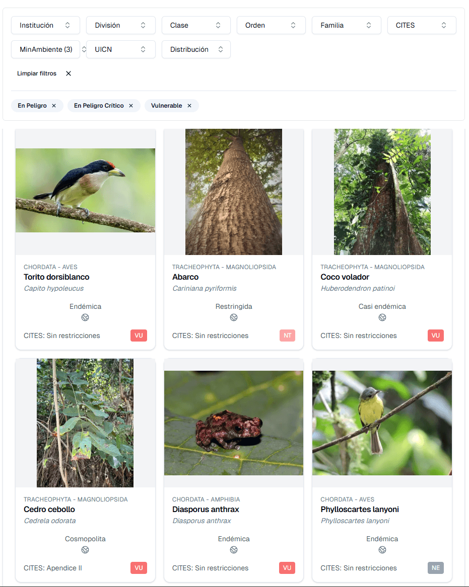 Filtro de especies
