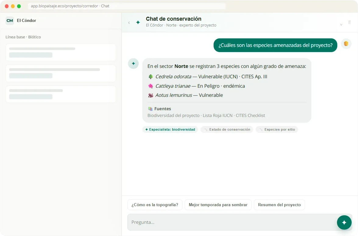 Chat de conservación de Biopaisaje: pregunta en lenguaje natural y respuesta con fuentes citadas