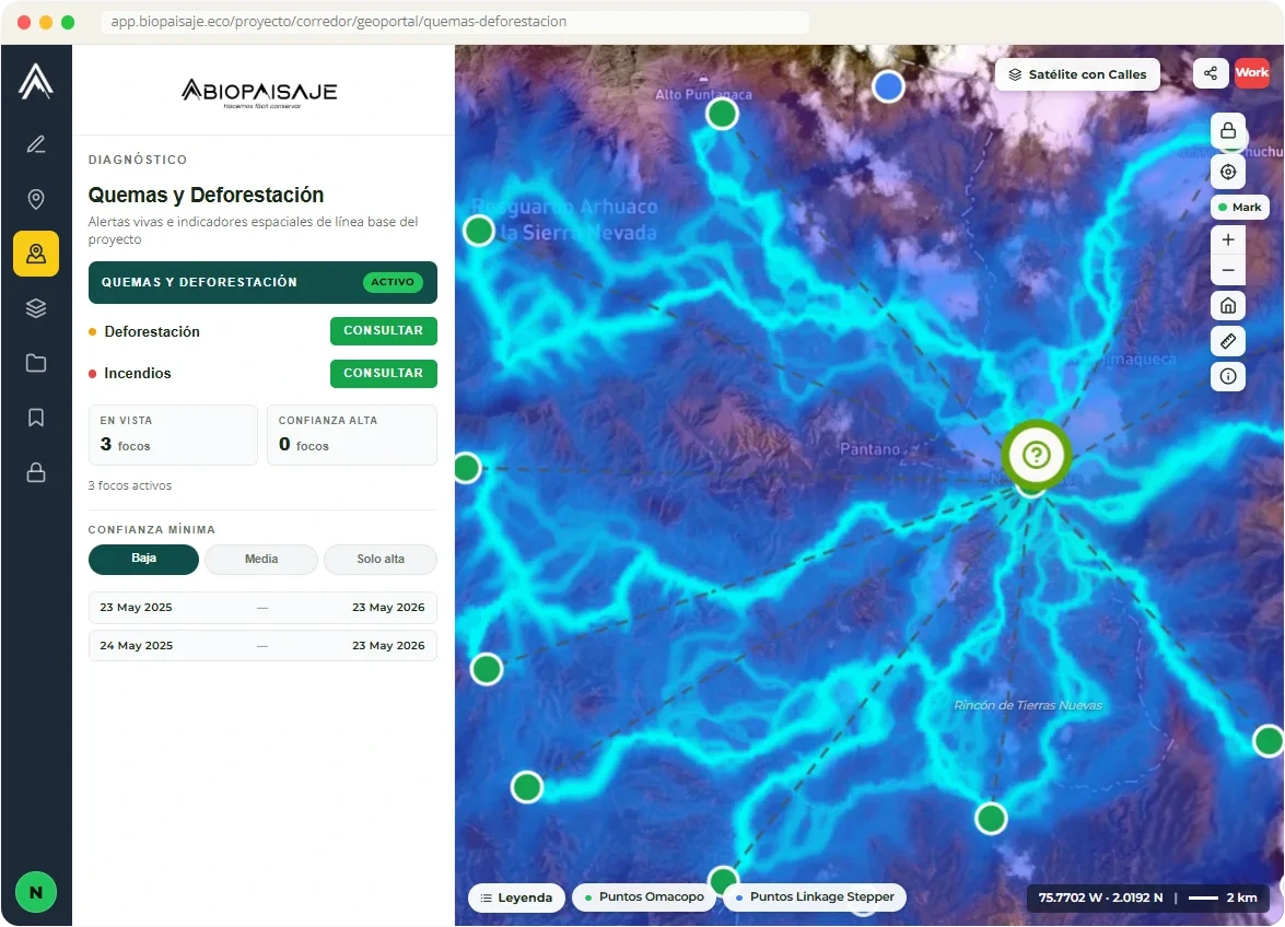 Geoportal de Biopaisaje: diagnóstico de quemas y deforestación con red de conectividad sobre el mapa