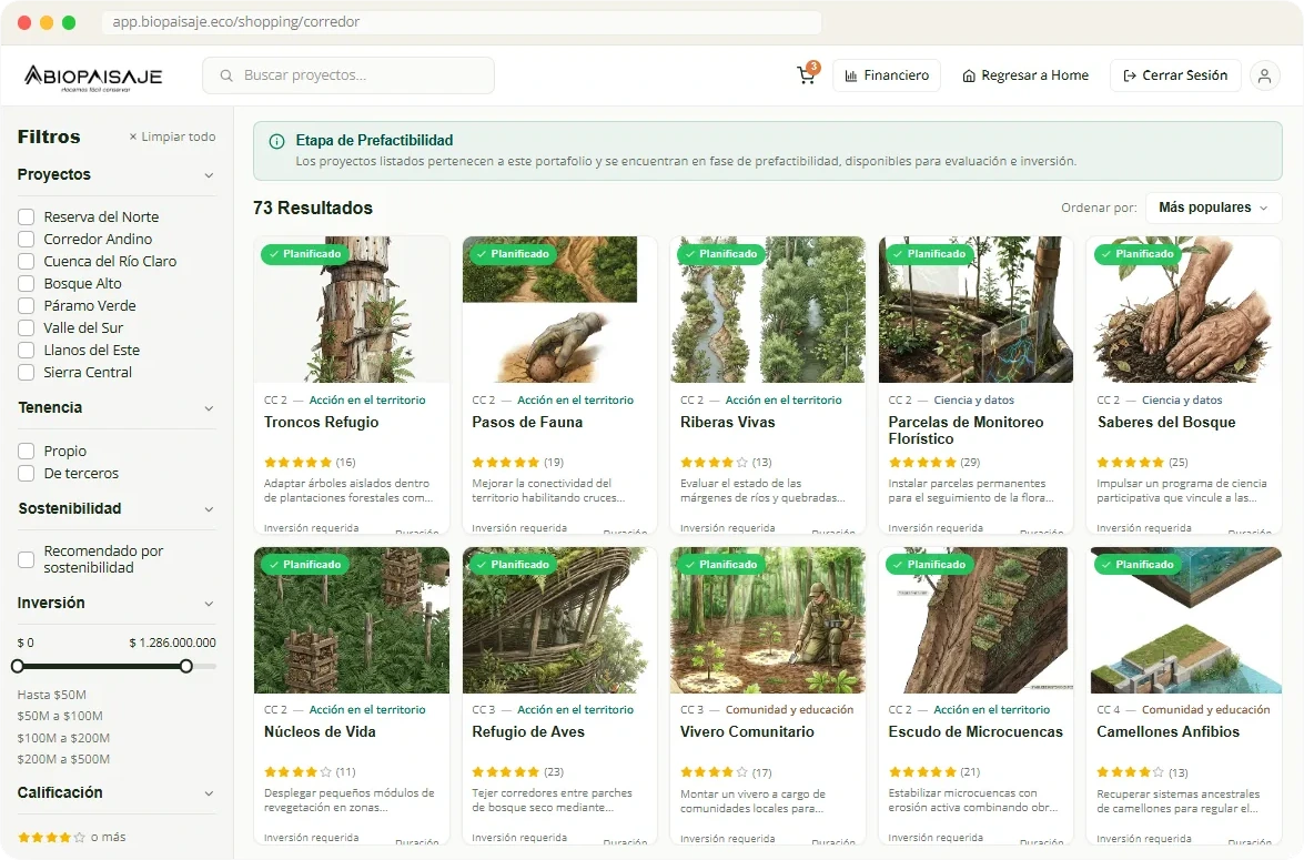 Marketplace de proyectos de conservación de Biopaisaje: catálogo de proyectos con filtros y resultados