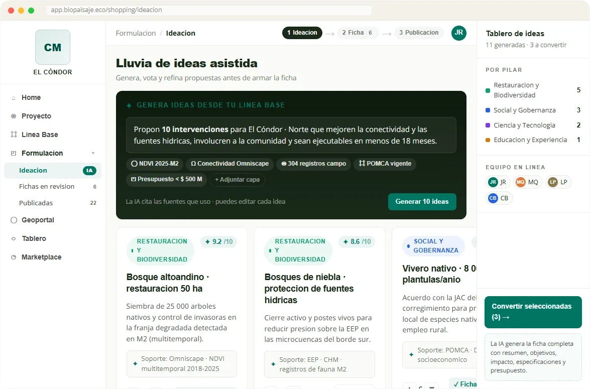 Marketplace de Biopaisaje: ideación asistida por IA, lluvia de ideas en tablero kanban del proyecto
