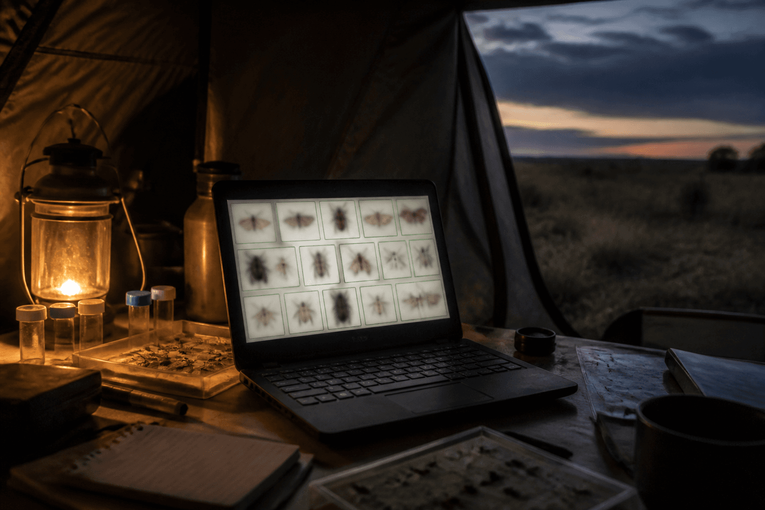 Recreación de una pantalla mostrando miniaturas de insectos siendo clasificados automáticamente, en una carpa de campo al atardecer
