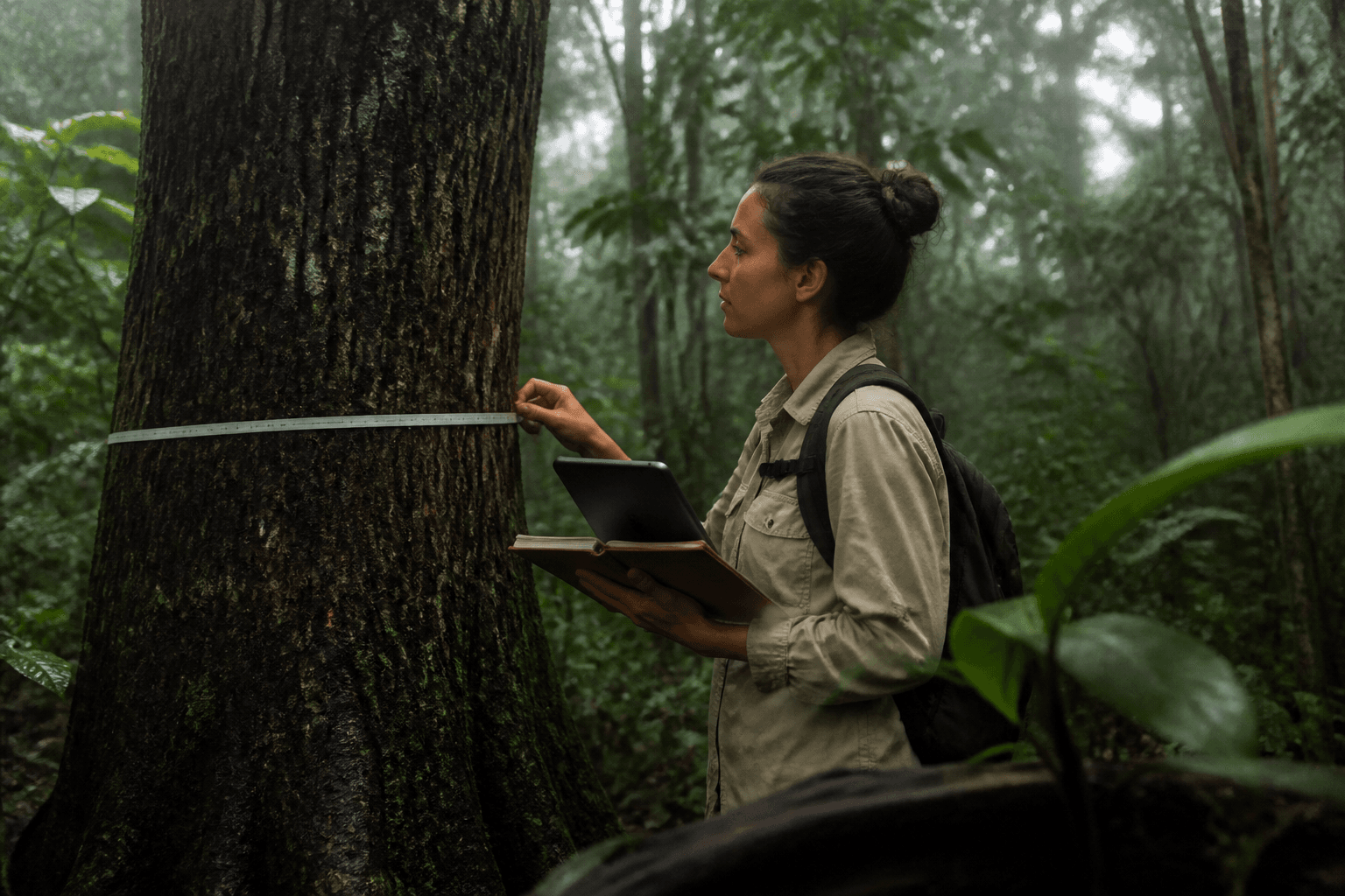Una investigadora mide con una cinta métrica el diámetro de un tronco grande en una parcela de bosque tropical neblinoso