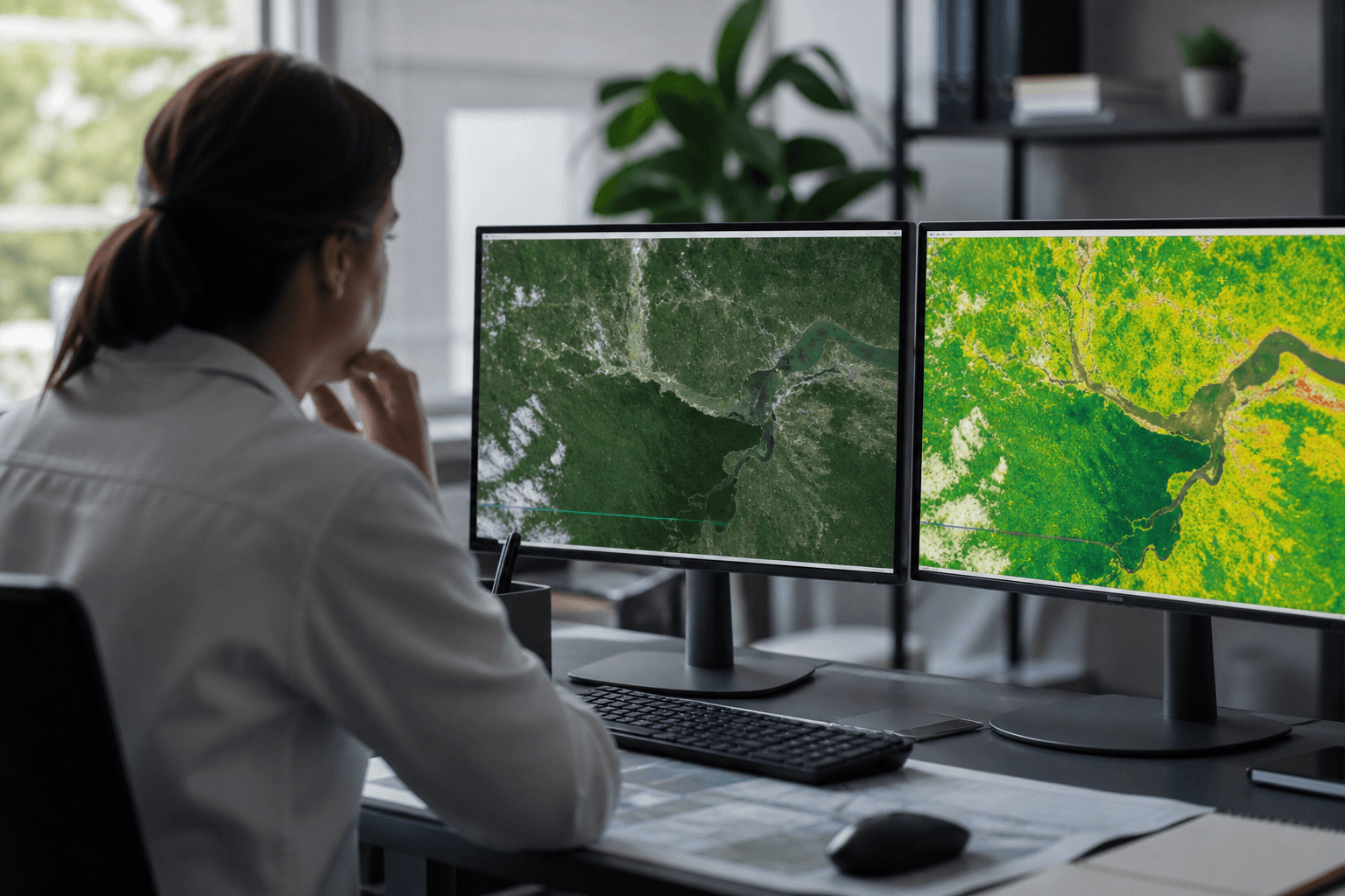 Una especialista revisa dos monitores con imágenes satelitales de una región boscosa, una en color natural y otra con un mapa de colores