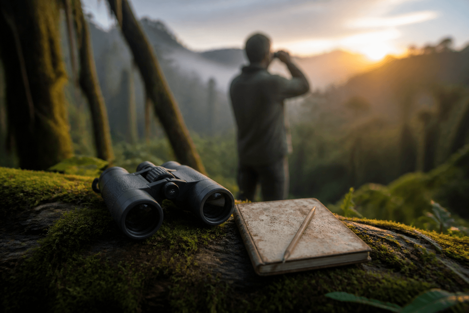 Unos binoculares y un cuaderno de campo con lápiz sobre un tronco cubierto de musgo en un bosque nublado al amanecer, con una persona desenfocada al fondo