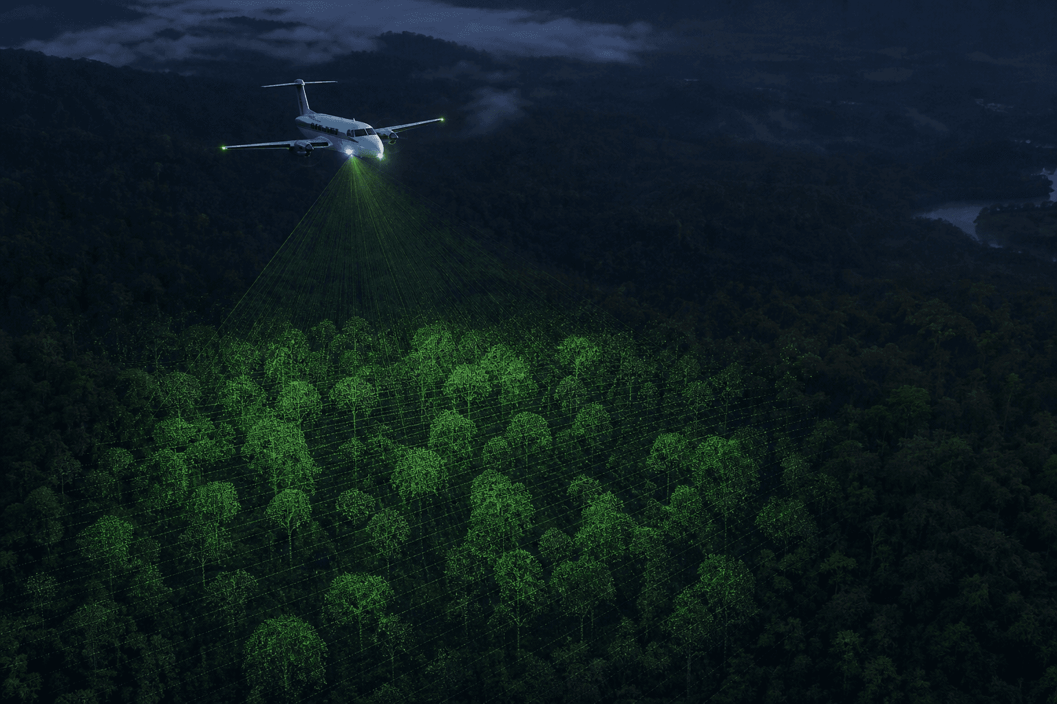 Visualización conceptual de una nube de puntos de LiDAR aéreo sobre el dosel de un bosque tropical, mostrando la estructura tridimensional de las copas de los árboles