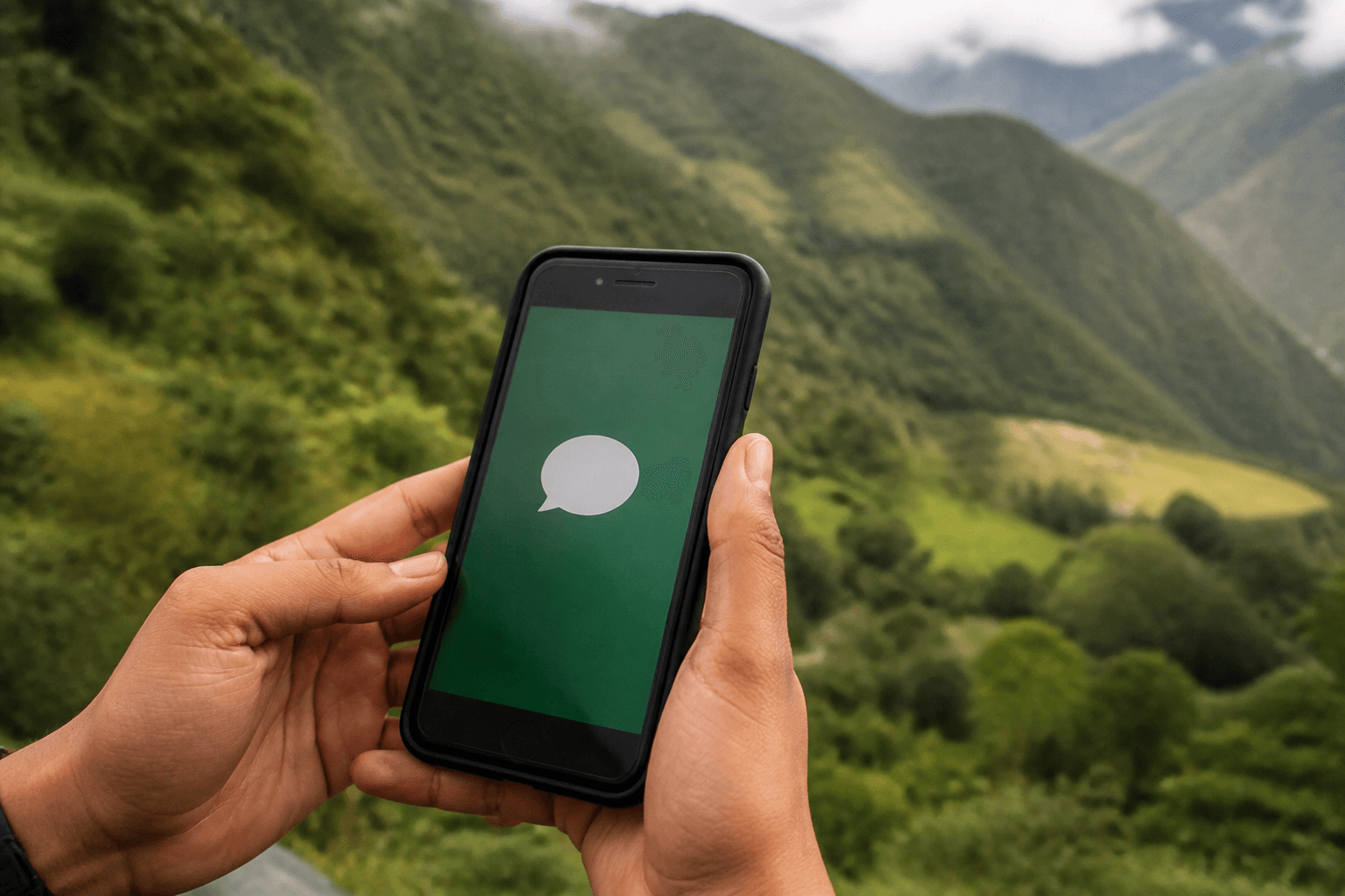Manos sosteniendo un celular con un ícono de mensaje en pantalla, con montaña andina de fondo