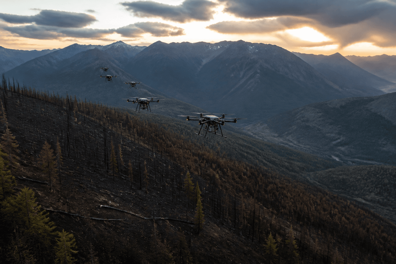 Enjambre de drones de siembra sobrevolando una ladera quemada al atardecer