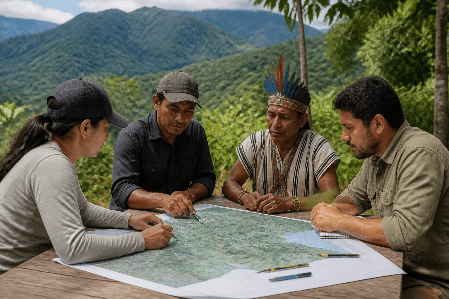 Personas de una administración local y de la comunidad revisan juntas un mapa impreso del territorio sobre una mesa de madera al aire libre