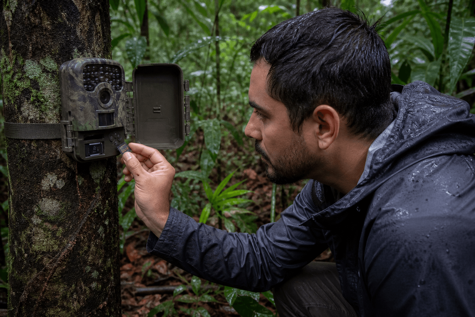 Un técnico con chaqueta de lluvia cambia la tarjeta de memoria de una cámara trampa sujeta a un tronco en un bosque húmedo