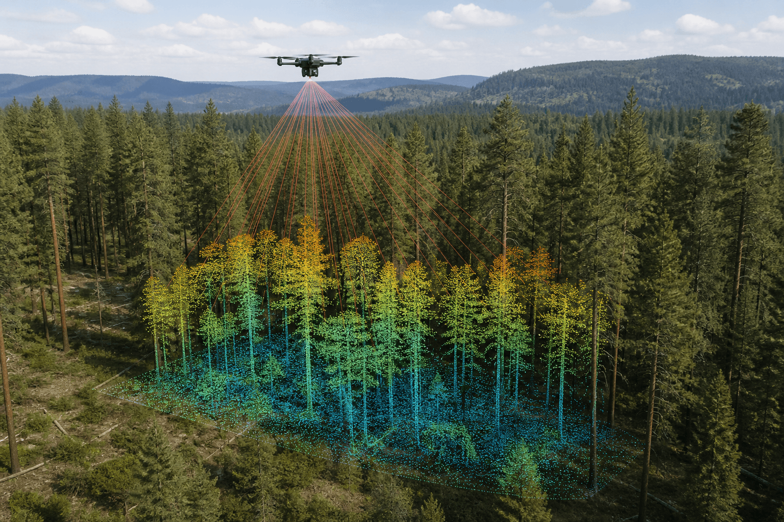 Ilustración conceptual de un dron sobrevolando un bosque de coníferas mientras escanea la copa de los árboles con un sensor LiDAR