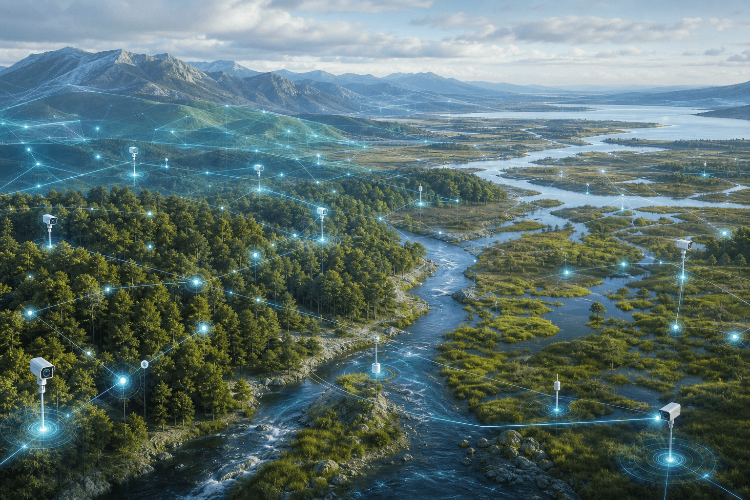 Ilustración conceptual de un paisaje con bosque, río y humedal representado parcialmente como una red digital translúcida de sensores conectados