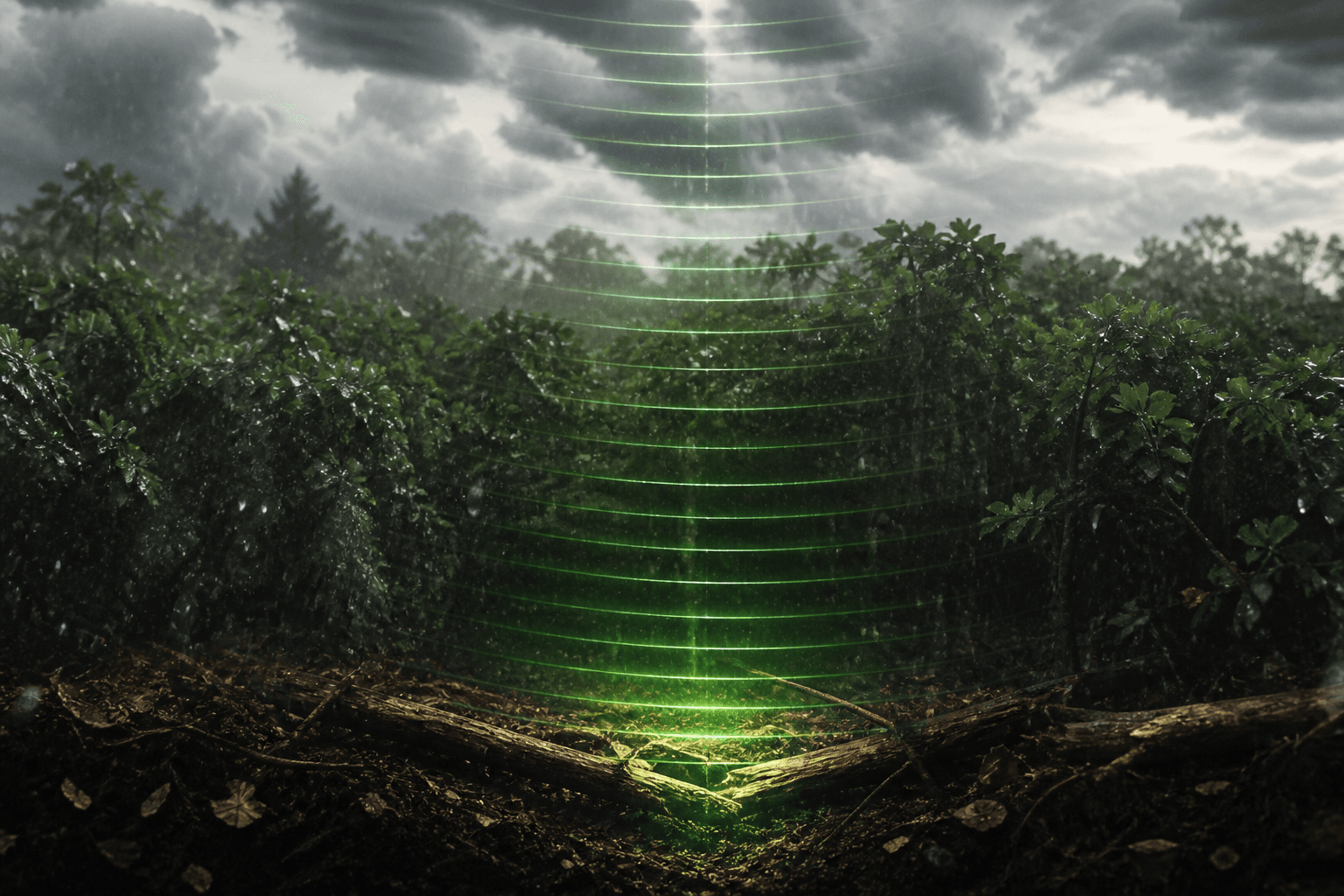 Ilustración conceptual de ondas de radar en banda L atravesando nubes y el dosel del bosque hasta el suelo